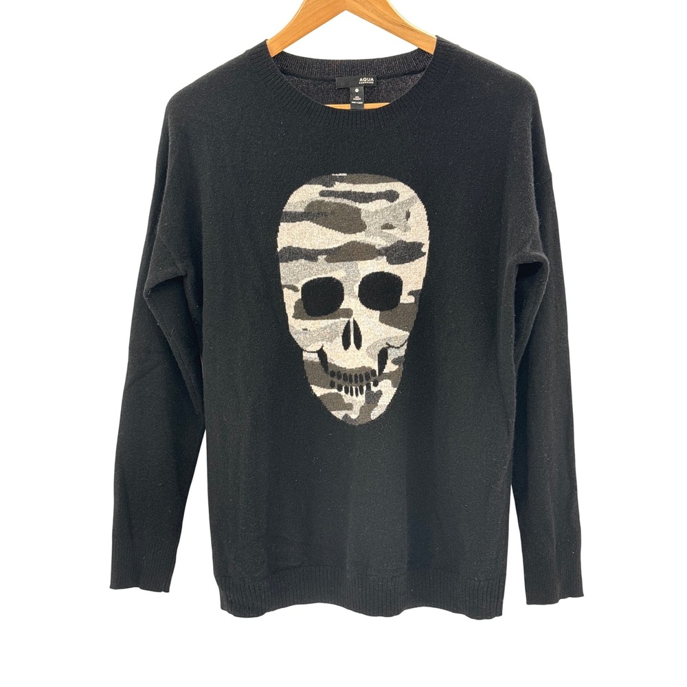 Aqua Cashmere Sweater Skull Women Size Medium Black Camouflage Pullover
